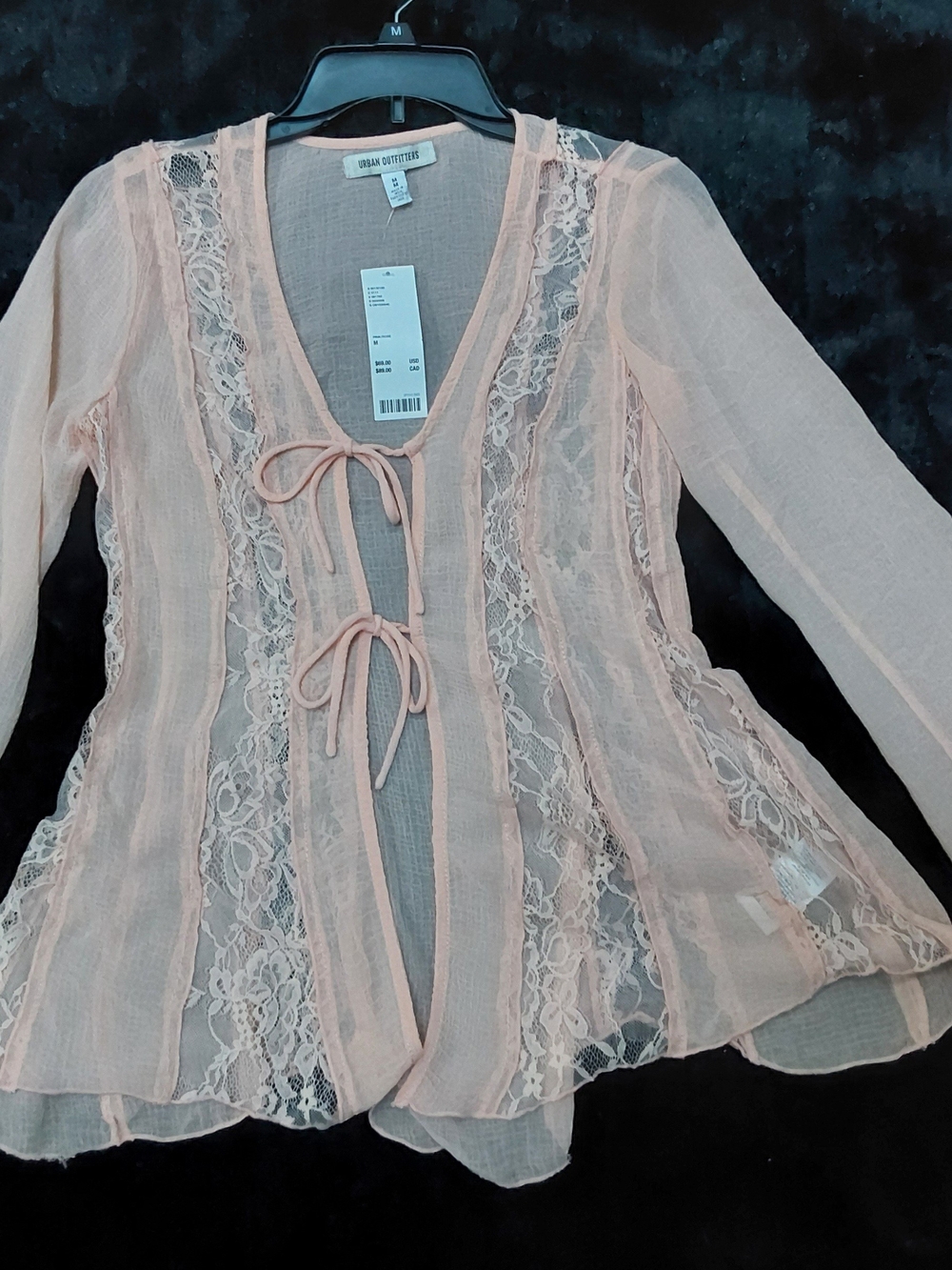 Urban Outfitters NWT  Sheer Lace Tie-Front Cardigan Top Peach S